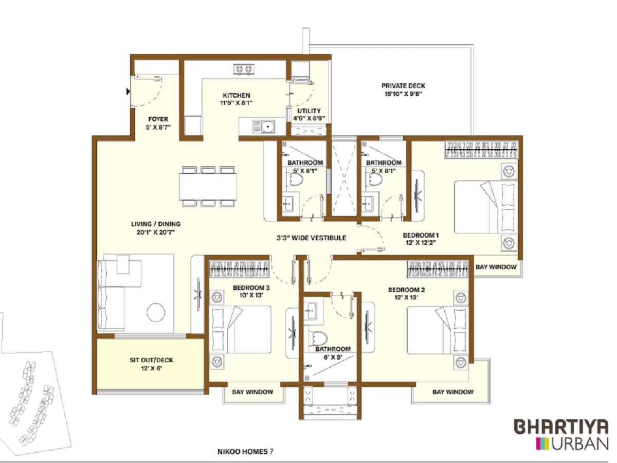 Bhartiya City Garden Estate - 3 BHK Floor Plan